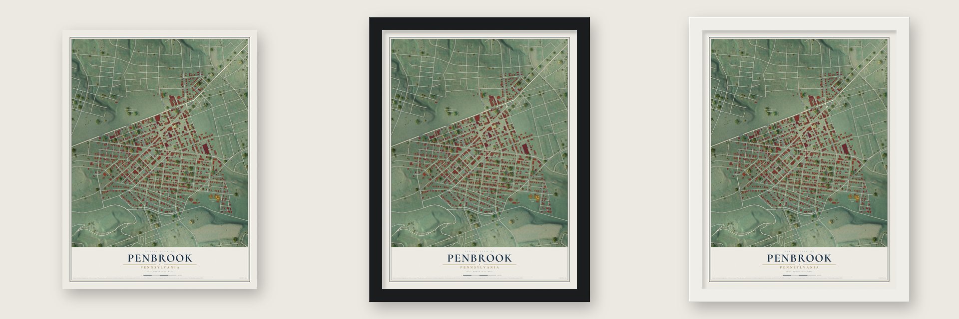 Penbrook, Pennsylvania map unframed, in a black wood frame and in a white wood frame