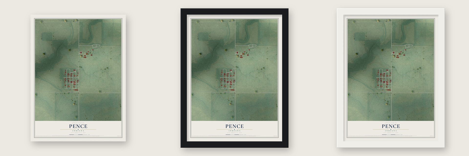 Pence, Indiana map unframed, in a black wood frame and in a white wood frame