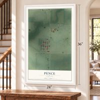 Pence, Indiana map, 24 x 36 inch print in a white frame by a staircase