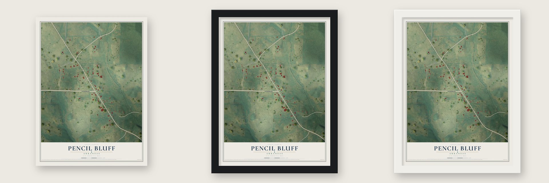 Pencil Bluff, Arkansas map unframed, in a black wood frame and in a white wood frame