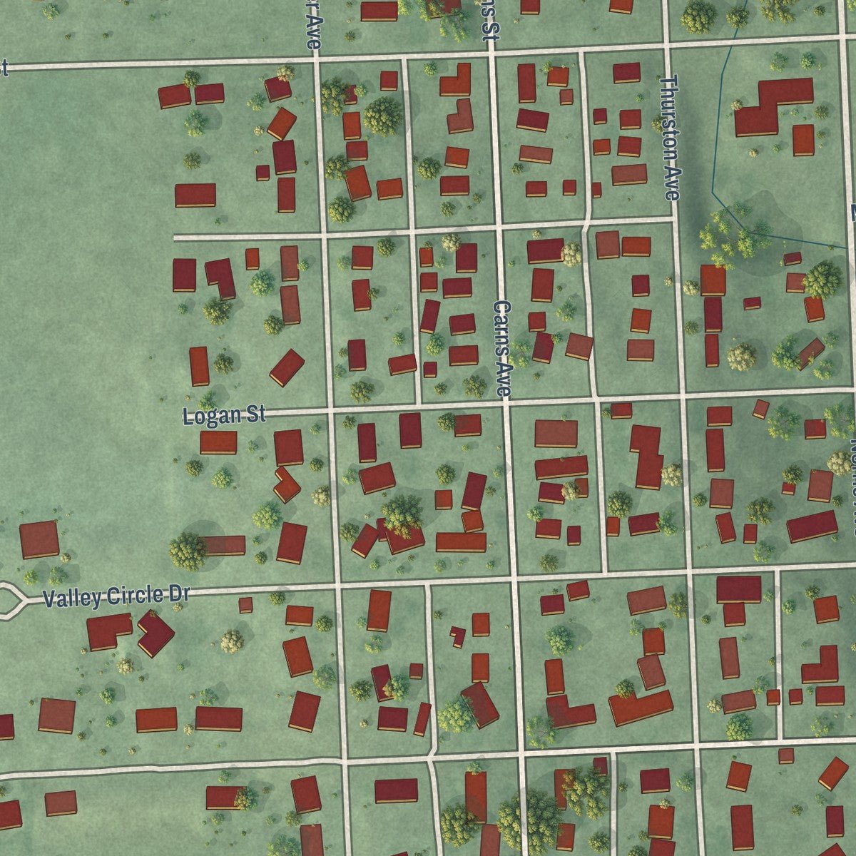Second close-up of the map of Pender, Nebraska print showing more streets and buildings