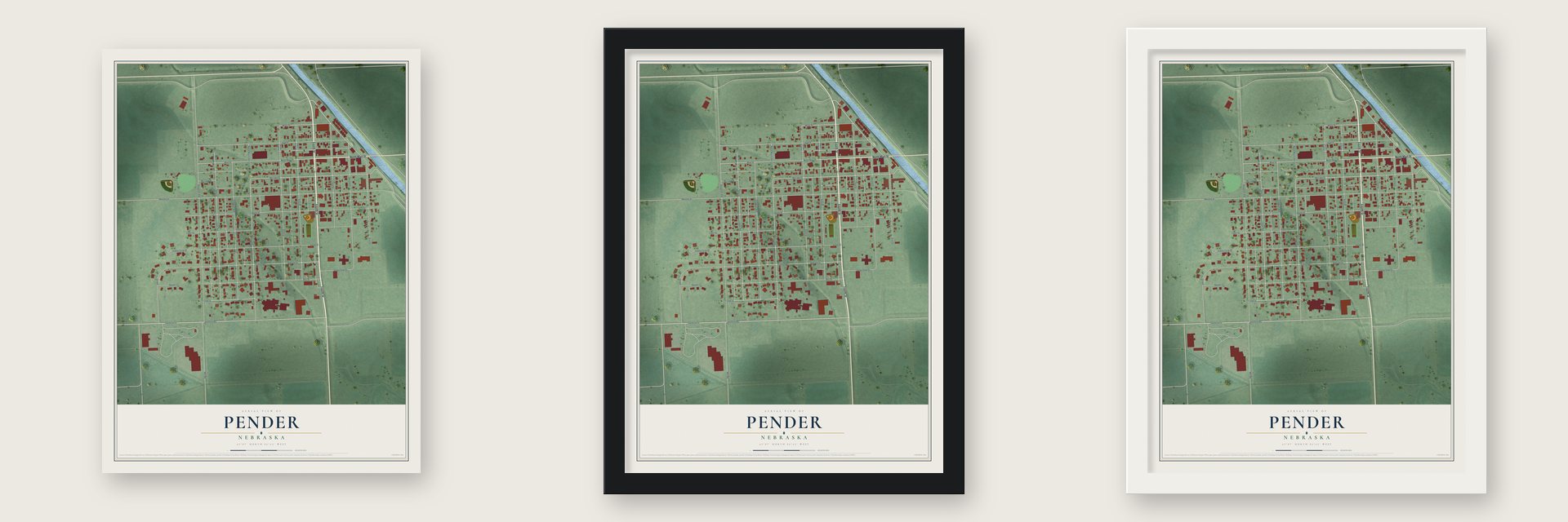 Pender, Nebraska map unframed, in a black wood frame and in a white wood frame