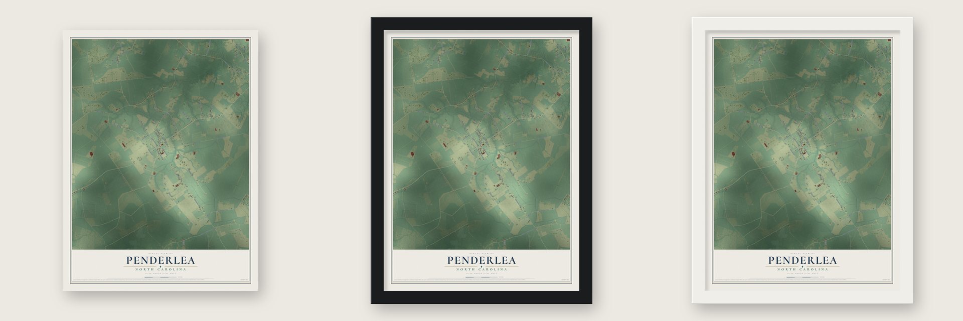 Penderlea, North Carolina map unframed, in a black wood frame and in a white wood frame