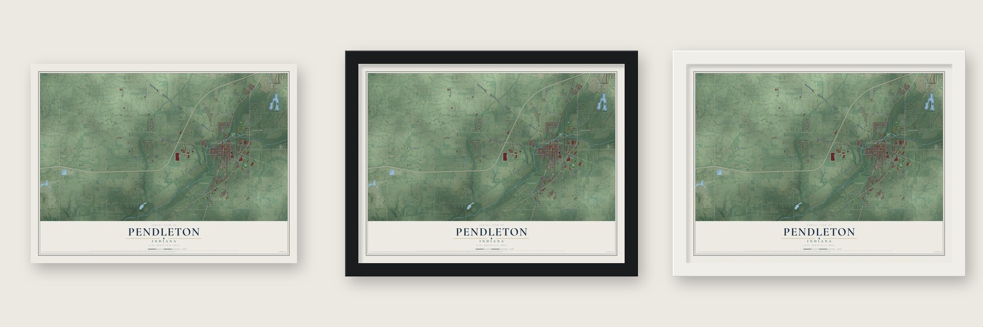 Pendleton, Indiana map unframed, in a black wood frame and in a white wood frame