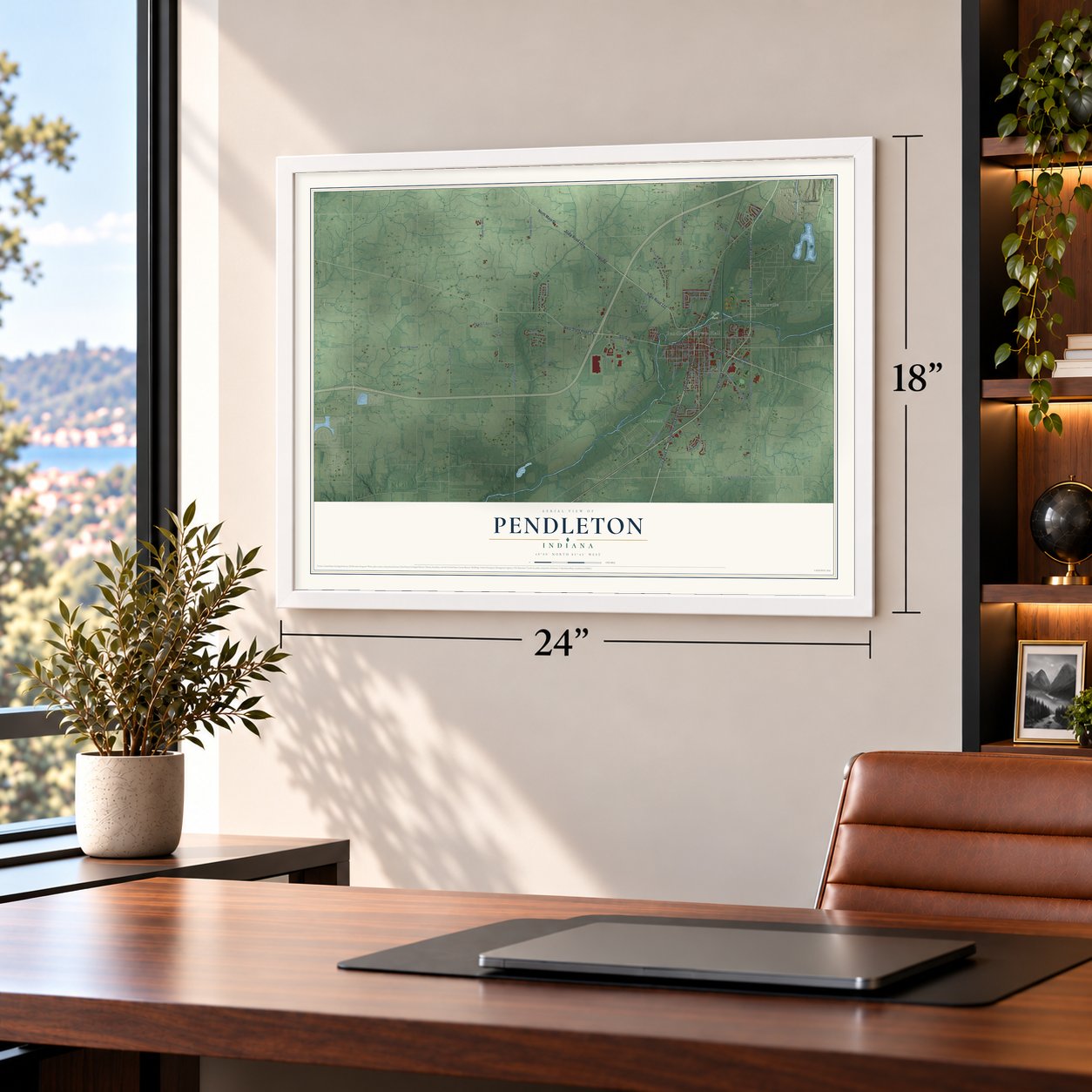 Pendleton, Indiana map, 18 x 24 inch print in a white frame in a home office