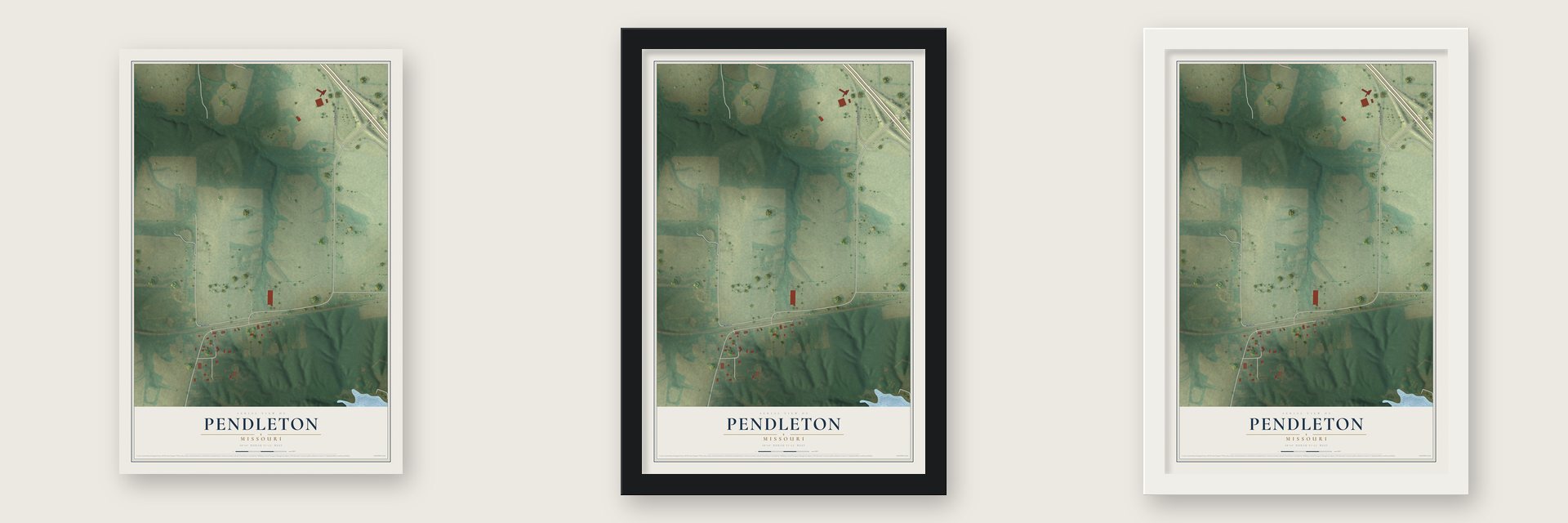Pendleton, Missouri map unframed, in a black wood frame and in a white wood frame
