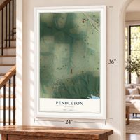 Pendleton, Missouri map, 24 x 36 inch print in a white frame by a staircase