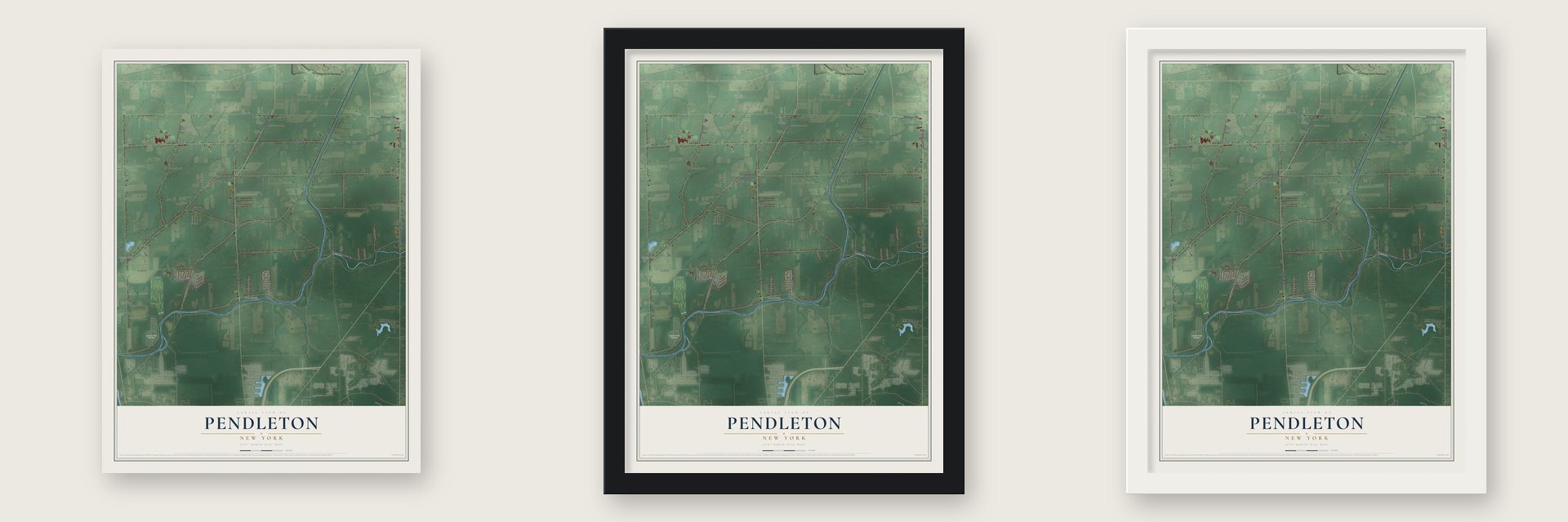 Pendleton, New York map unframed, in a black wood frame and in a white wood frame