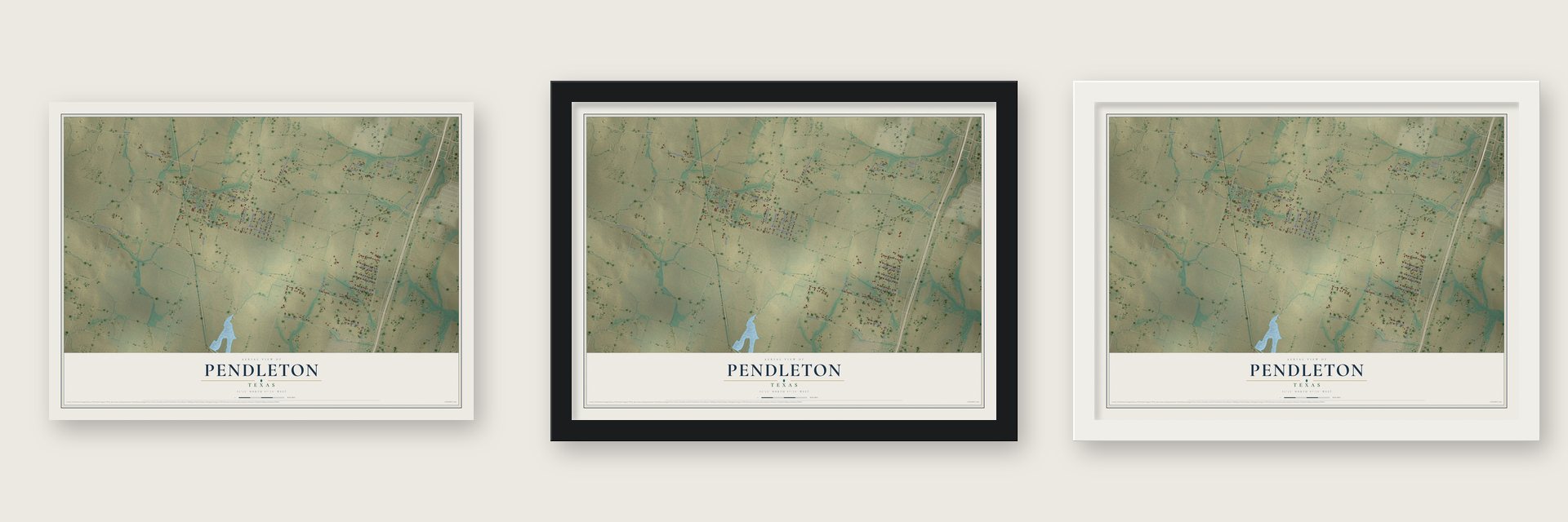 Pendleton, Texas map unframed, in a black wood frame and in a white wood frame