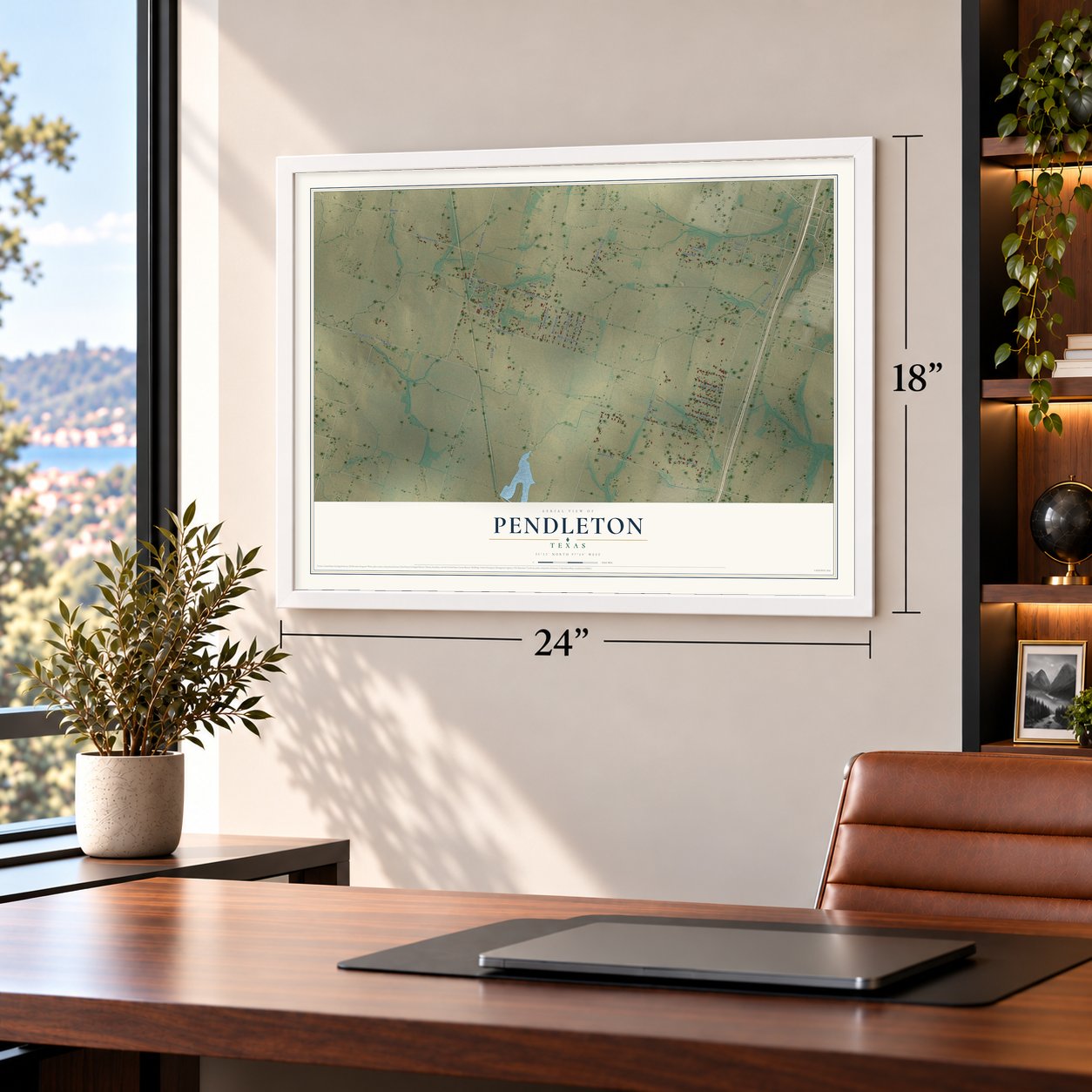 Pendleton, Texas map, 18 x 24 inch print in a white frame in a home office