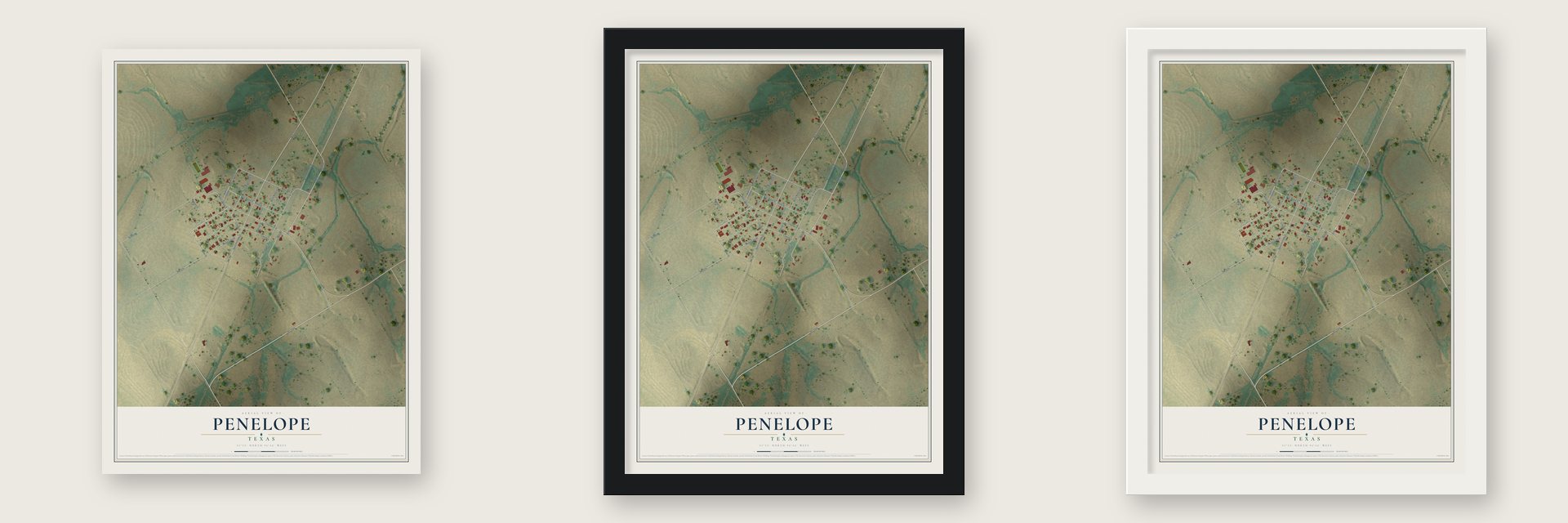 Penelope, Texas map unframed, in a black wood frame and in a white wood frame