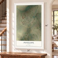 Penelope, Texas map, 24 x 36 inch print in a white frame by a staircase