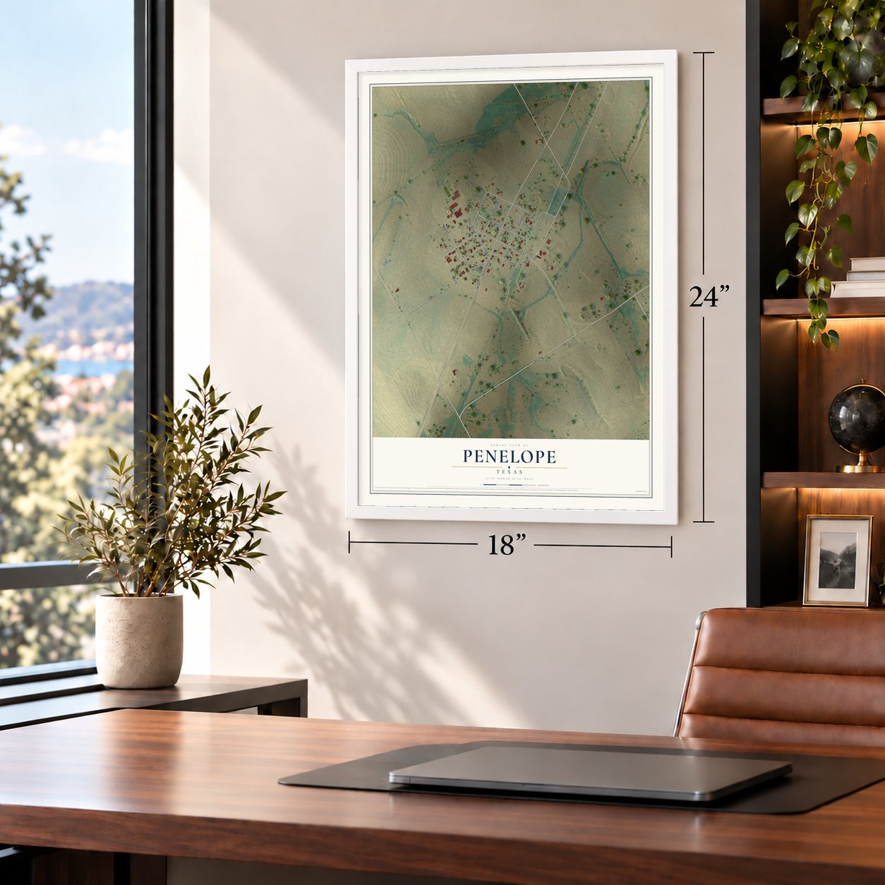 Penelope, Texas map, 18 x 24 inch print in a white frame in a home office