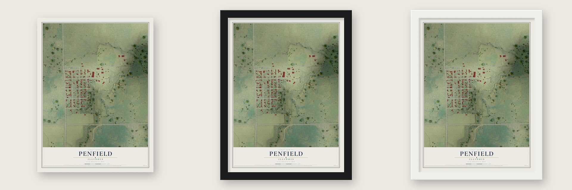 Penfield, Illinois map unframed, in a black wood frame and in a white wood frame