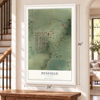Penfield, Illinois map, 24 x 36 inch print in a white frame by a staircase