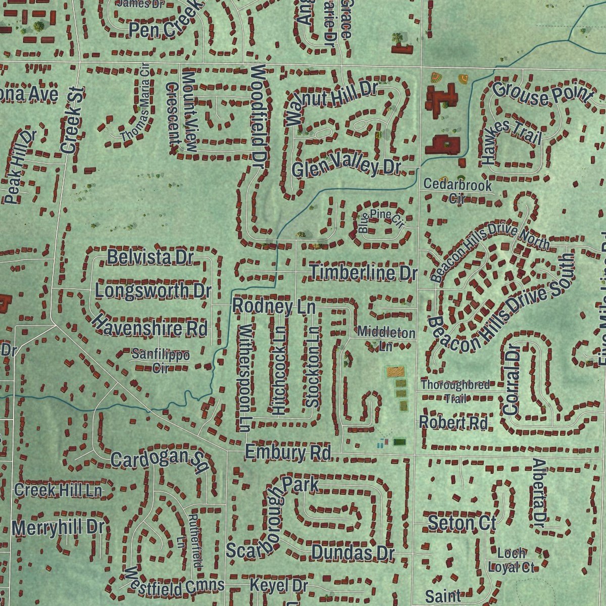 Second close-up of the map of Penfield, New York print showing more streets and buildings
