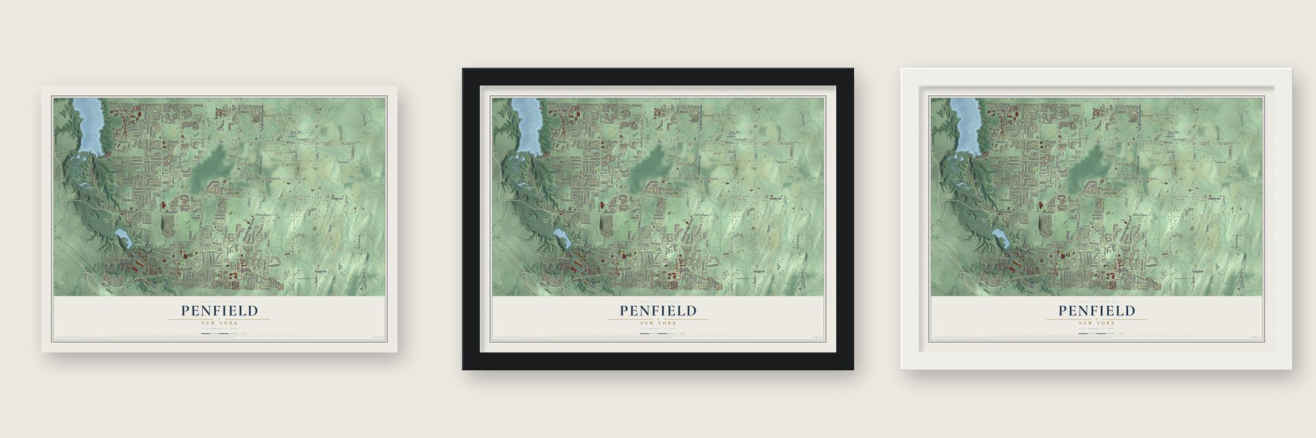 Penfield, New York map unframed, in a black wood frame and in a white wood frame