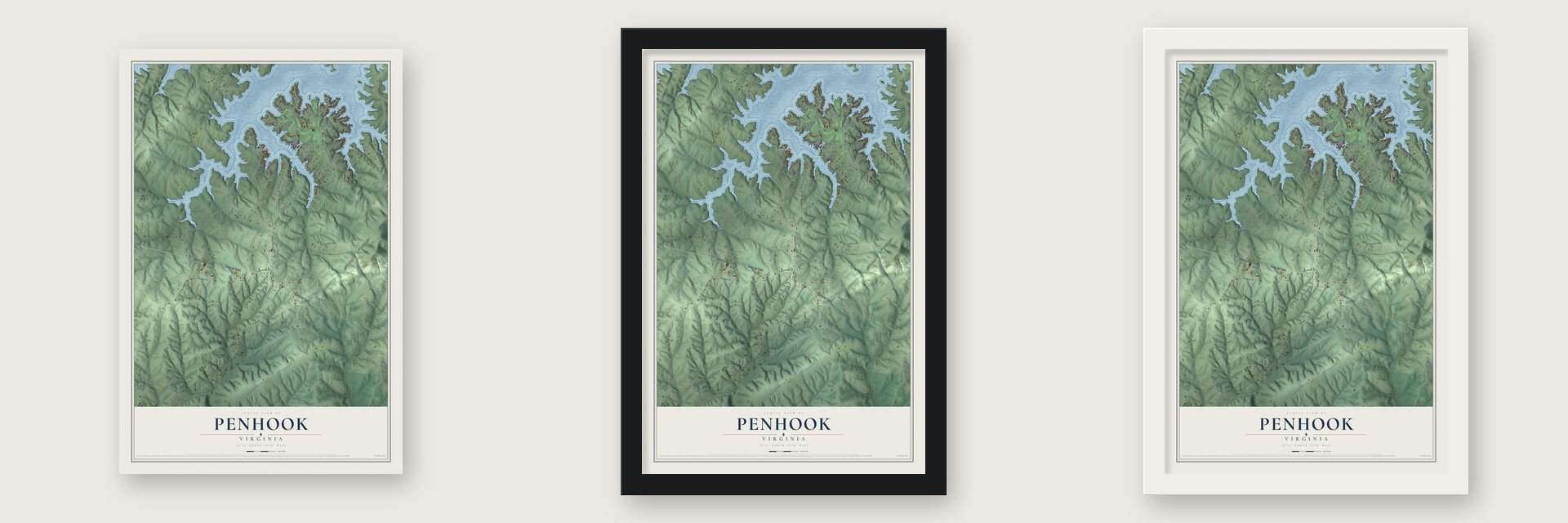 Penhook, Virginia map unframed, in a black wood frame and in a white wood frame