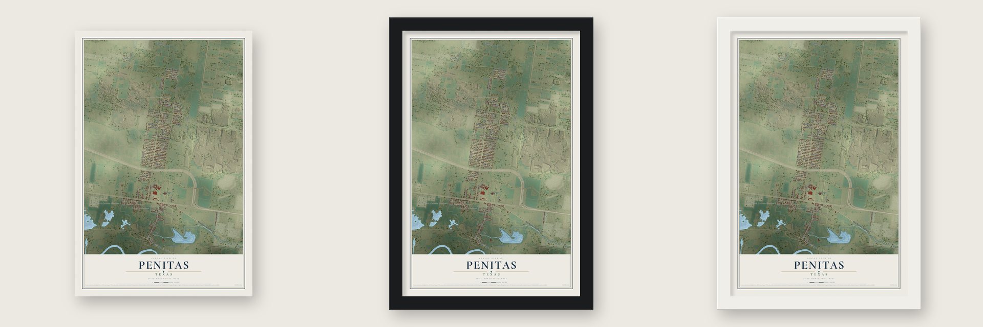 Penitas, Texas map unframed, in a black wood frame and in a white wood frame