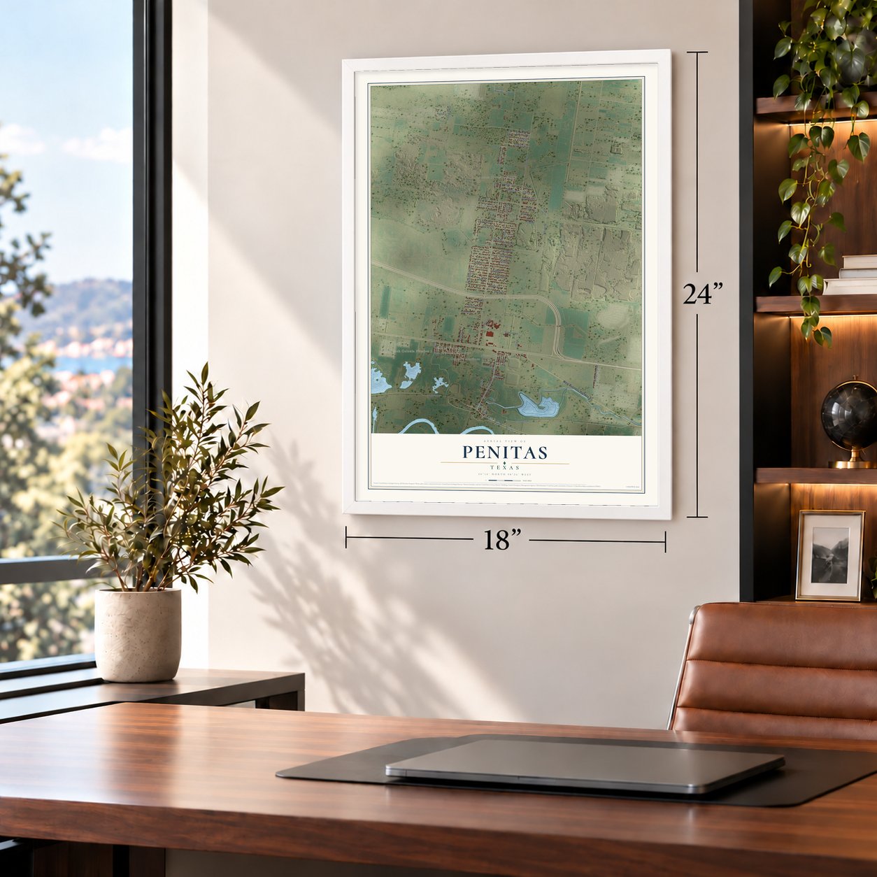 Penitas, Texas map, 18 x 24 inch print in a white frame in a home office