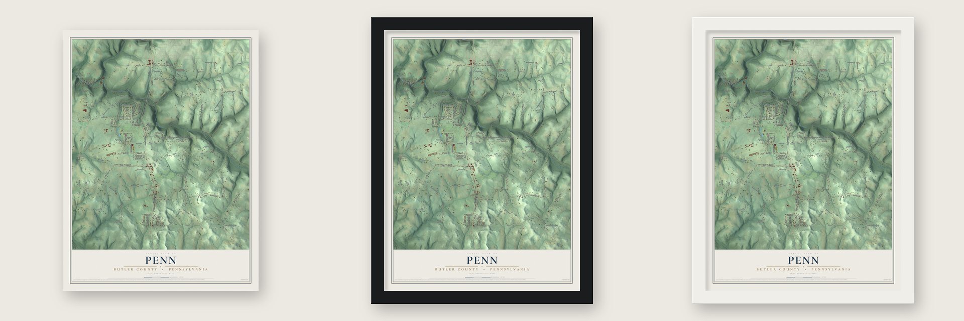 Penn, Butler County, Pennsylvania map unframed, in a black wood frame and in a white wood frame