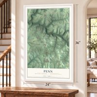 Penn, Butler County, Pennsylvania map, 24 x 36 inch print in a white frame by a staircase