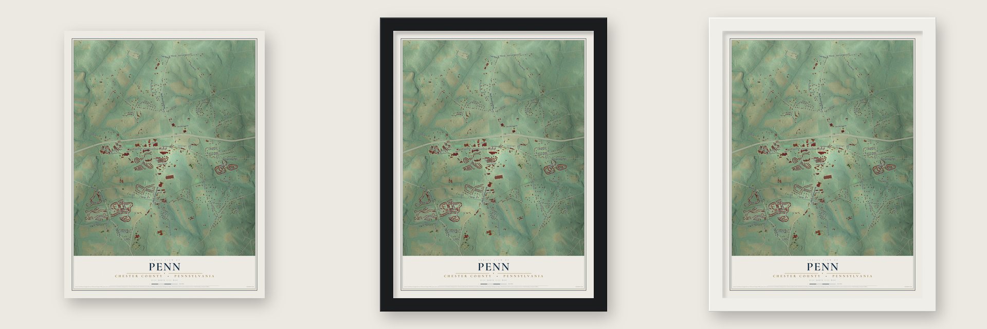 Penn, Chester County, Pennsylvania map unframed, in a black wood frame and in a white wood frame