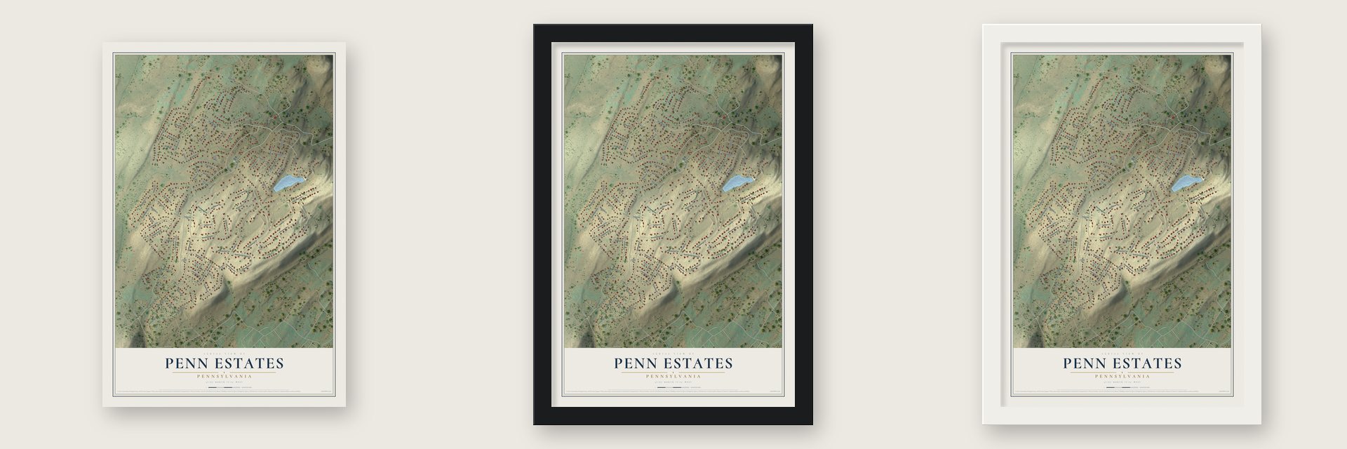 Penn Estates, Pennsylvania map unframed, in a black wood frame and in a white wood frame