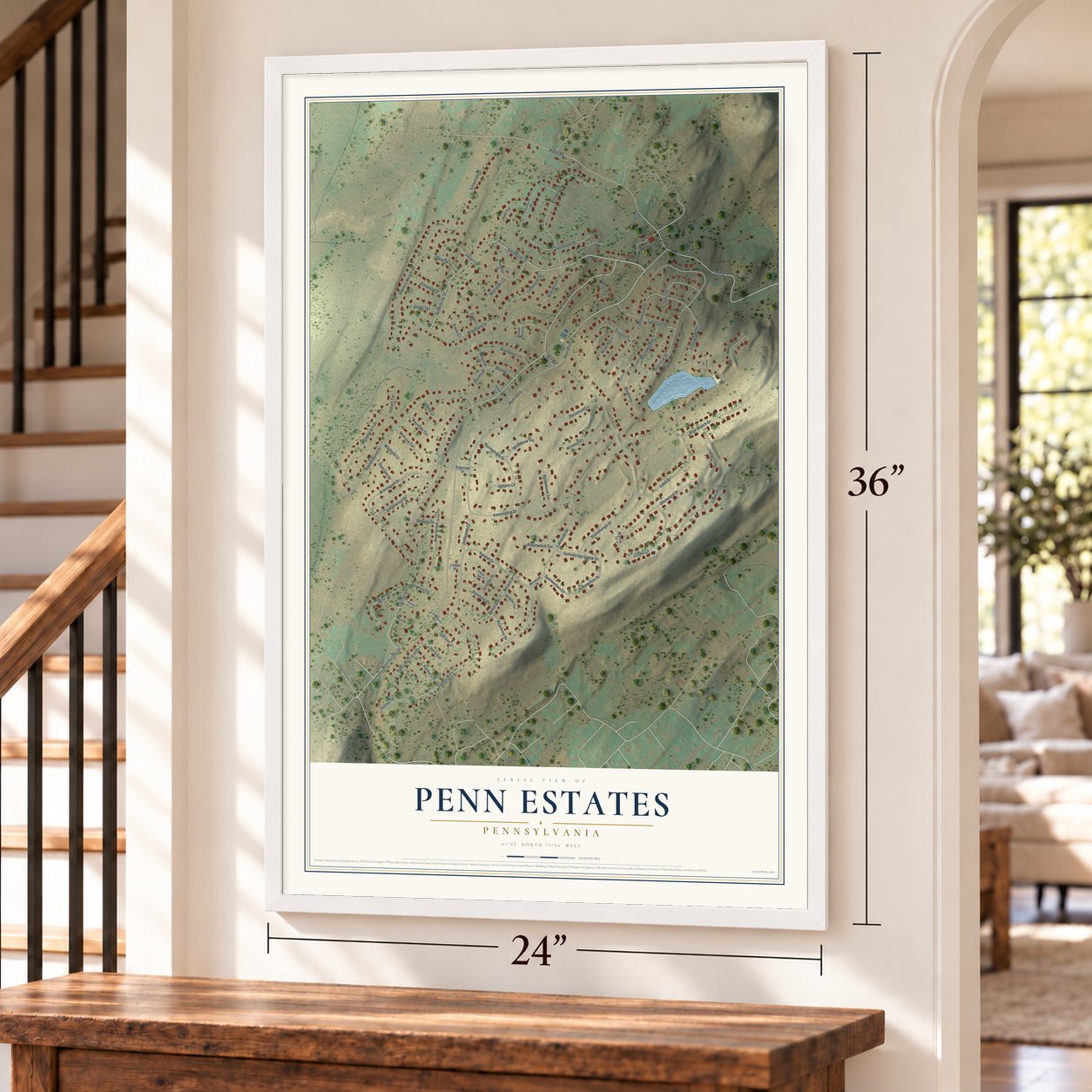 Penn Estates, Pennsylvania map, 24 x 36 inch print in a white frame by a staircase