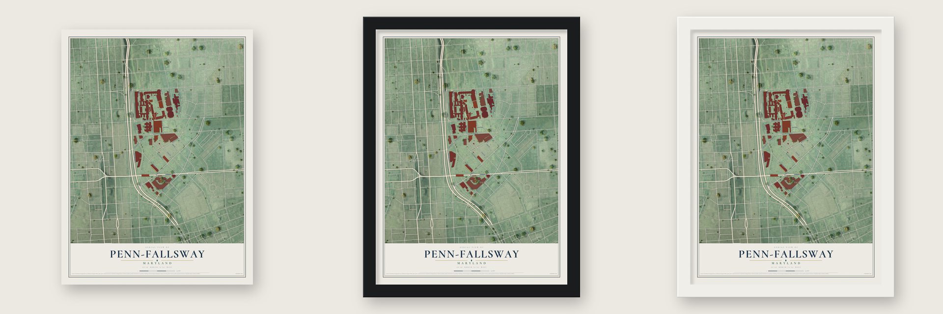 Penn-Fallsway, Maryland map unframed, in a black wood frame and in a white wood frame