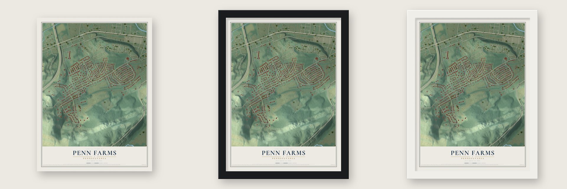Penn Farms, Pennsylvania map unframed, in a black wood frame and in a white wood frame