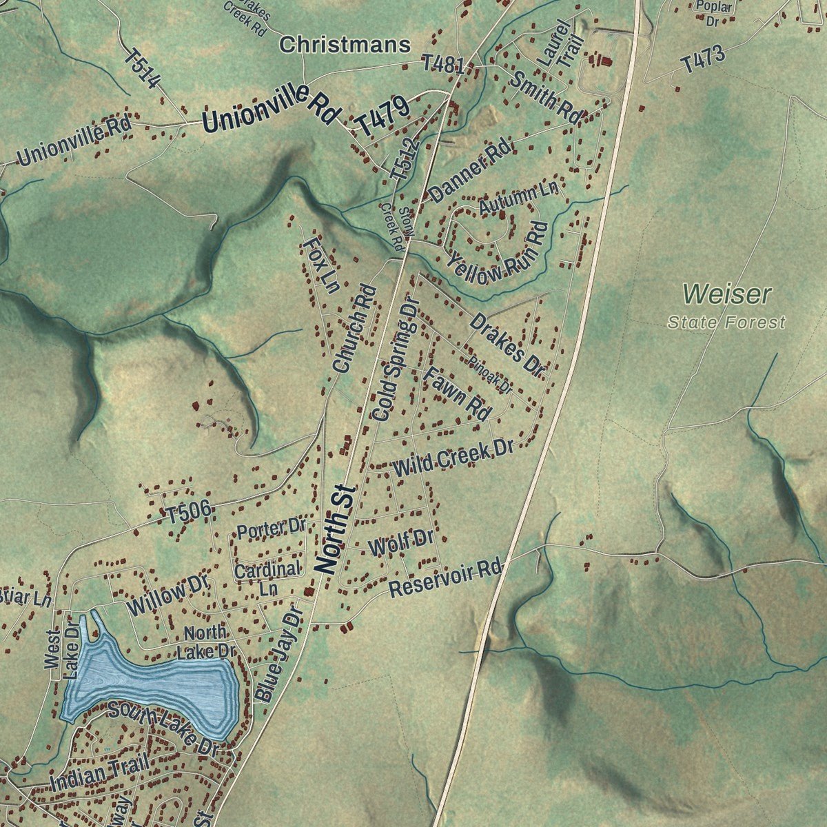 Second close-up of the map of Penn Forest, Pennsylvania print showing more streets and buildings