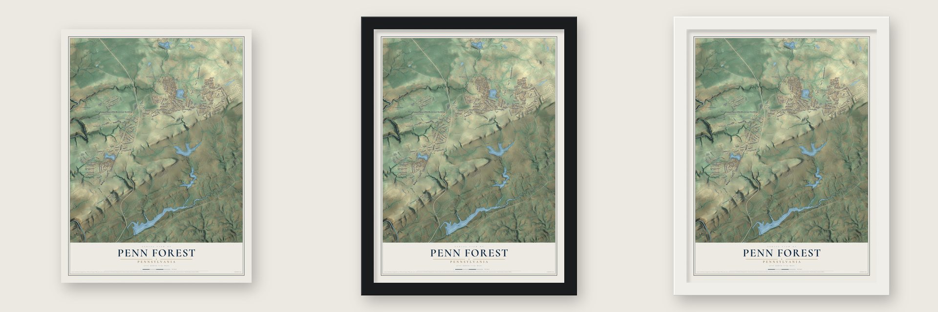 Penn Forest, Pennsylvania map unframed, in a black wood frame and in a white wood frame