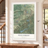 Penn Forest, Pennsylvania map, 24 x 36 inch print in a white frame by a staircase