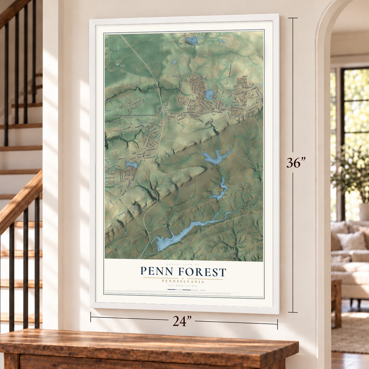Penn Forest, Pennsylvania map, 24 x 36 inch print in a white frame by a staircase