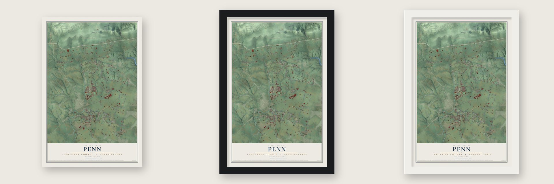 Penn, Lancaster County, Pennsylvania map unframed, in a black wood frame and in a white wood frame