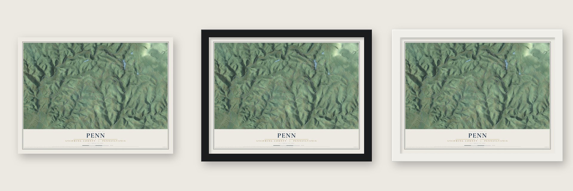Penn, Lycoming County, Pennsylvania map unframed, in a black wood frame and in a white wood frame
