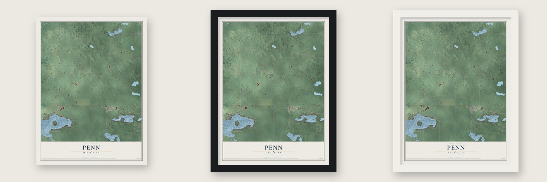 Penn, Michigan map unframed, in a black wood frame and in a white wood frame