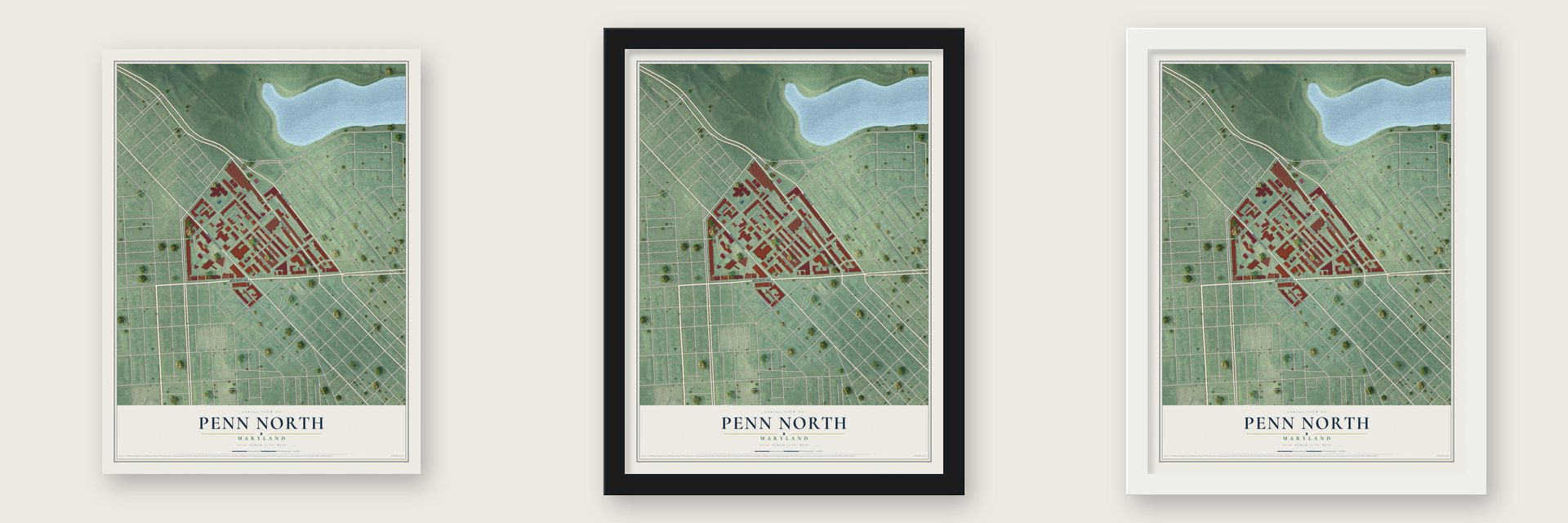 Penn North, Maryland map unframed, in a black wood frame and in a white wood frame