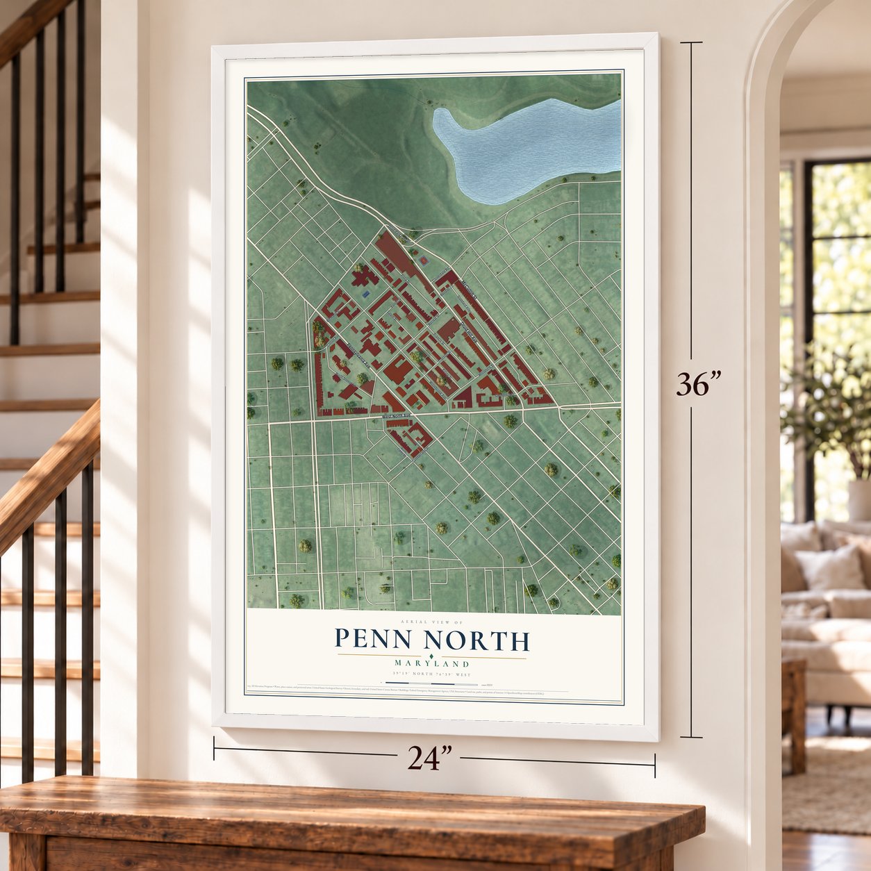 Penn North, Maryland map, 24 x 36 inch print in a white frame by a staircase