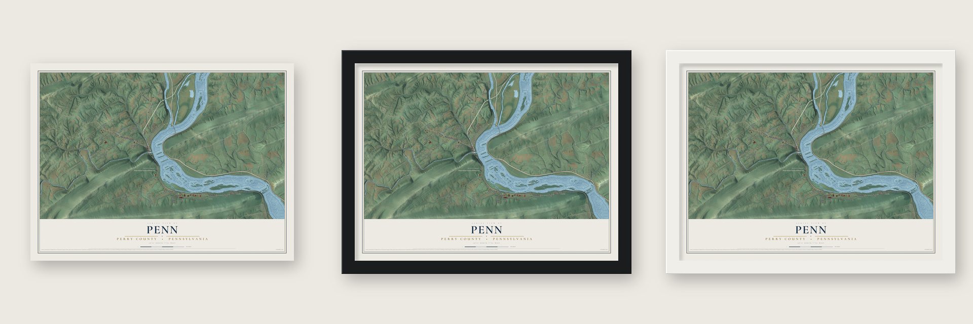 Penn, Perry County, Pennsylvania map unframed, in a black wood frame and in a white wood frame