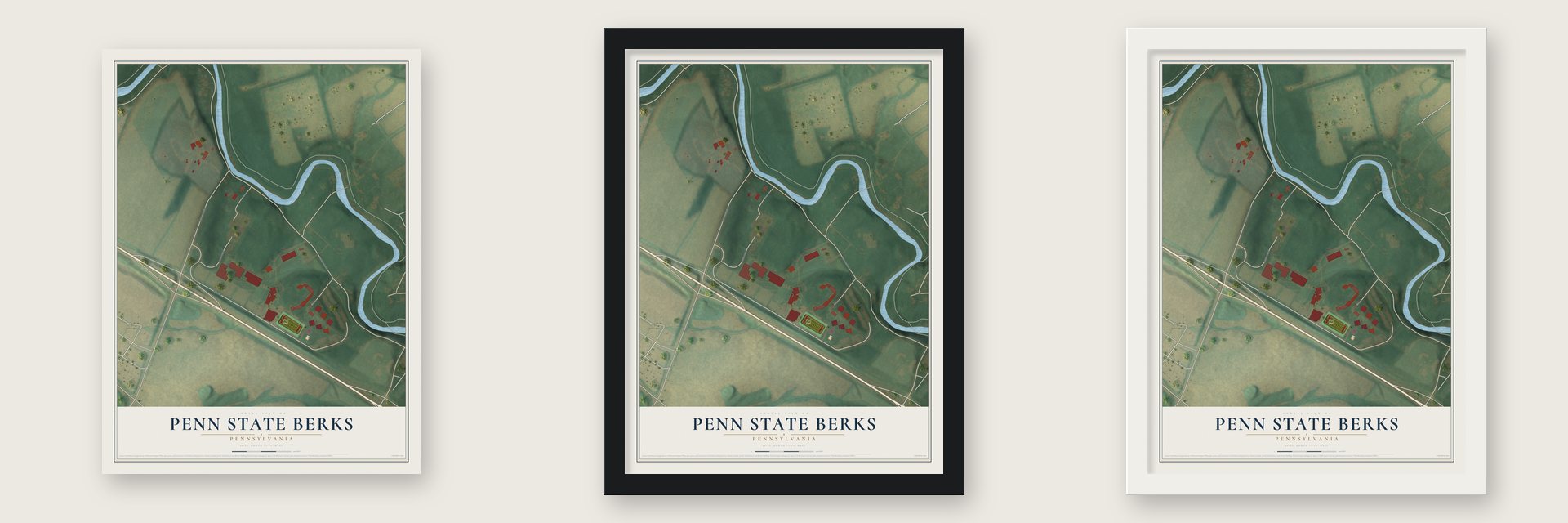 Penn State Berks, Pennsylvania map unframed, in a black wood frame and in a white wood frame