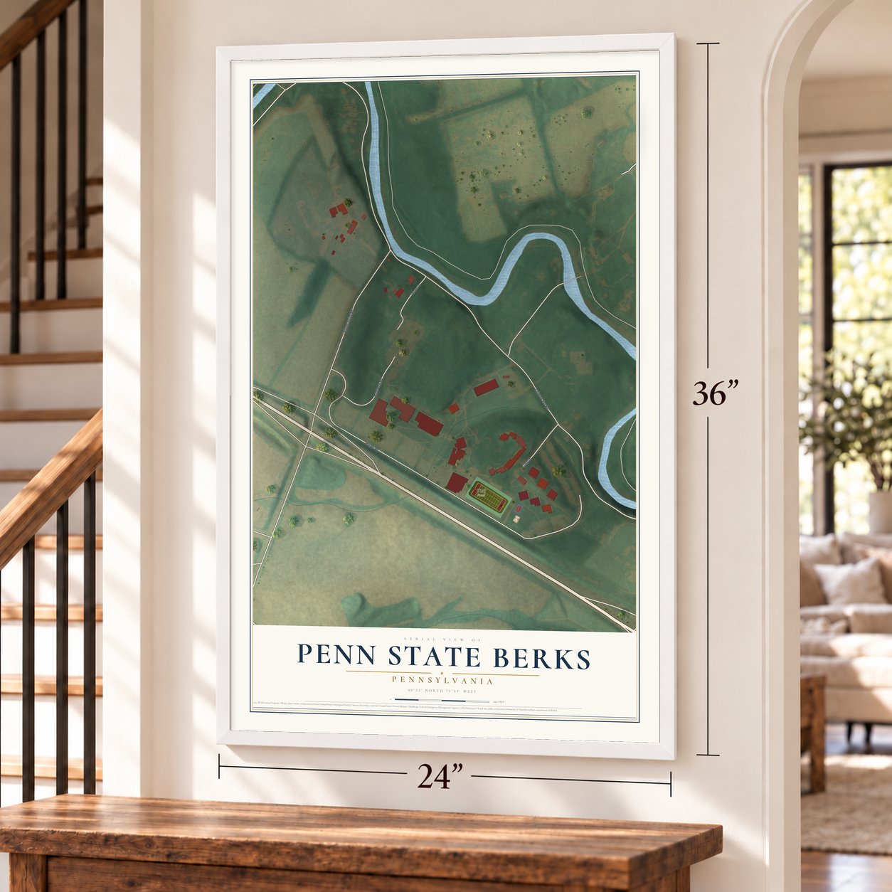 Penn State Berks, Pennsylvania map, 24 x 36 inch print in a white frame by a staircase