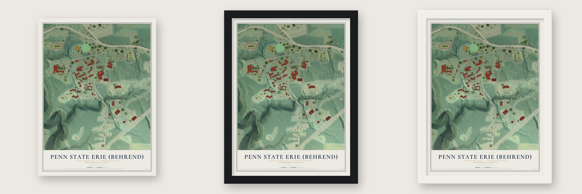 Penn State Erie (Behrend), Pennsylvania map unframed, in a black wood frame and in a white wood frame