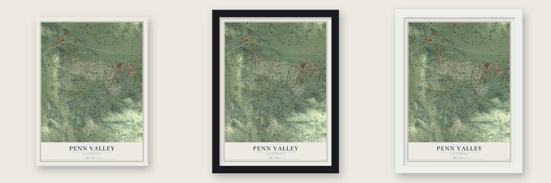 Penn Valley, California map unframed, in a black wood frame and in a white wood frame