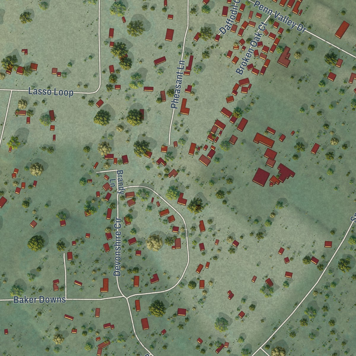 Second close-up of the map of Penn Valley, California print showing more streets and buildings