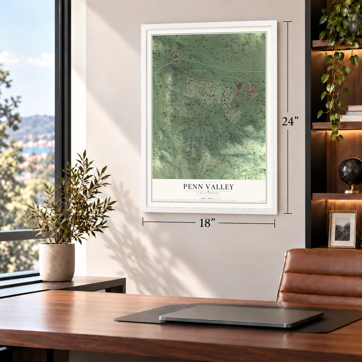 Penn Valley, California map, 18 x 24 inch print in a white frame in a home office