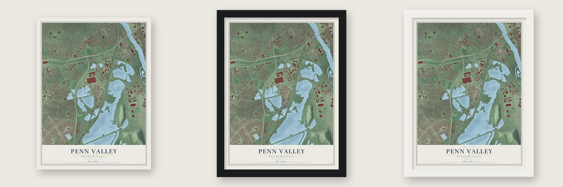 Penn Valley, Pennsylvania map unframed, in a black wood frame and in a white wood frame