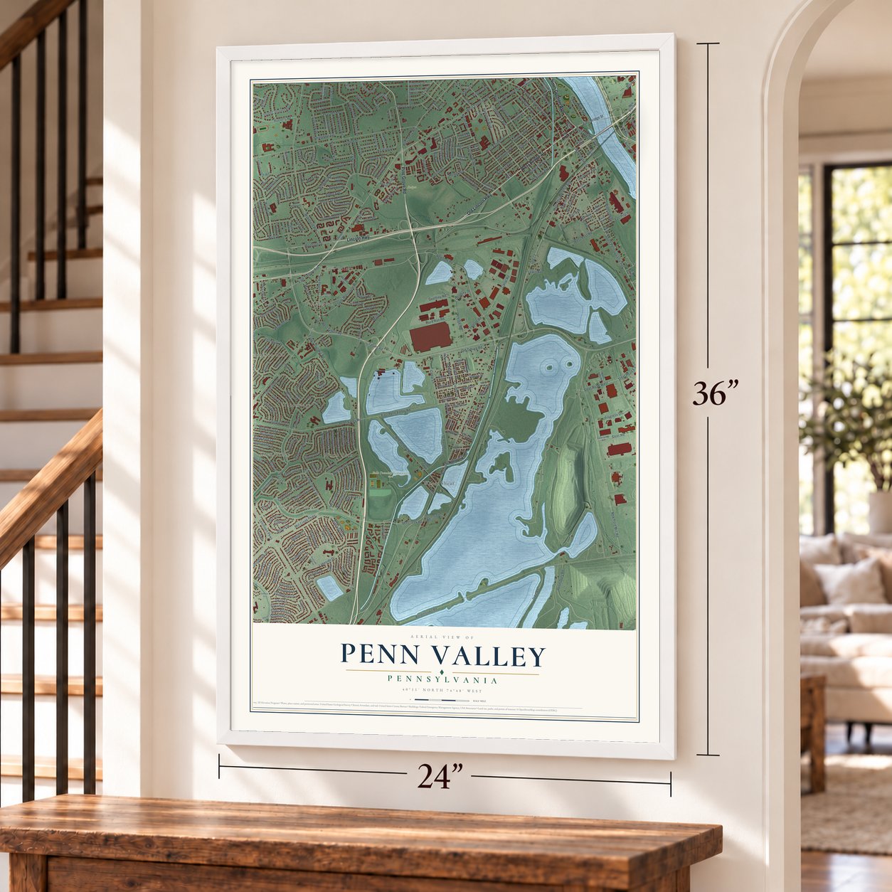 Penn Valley, Pennsylvania map, 24 x 36 inch print in a white frame by a staircase