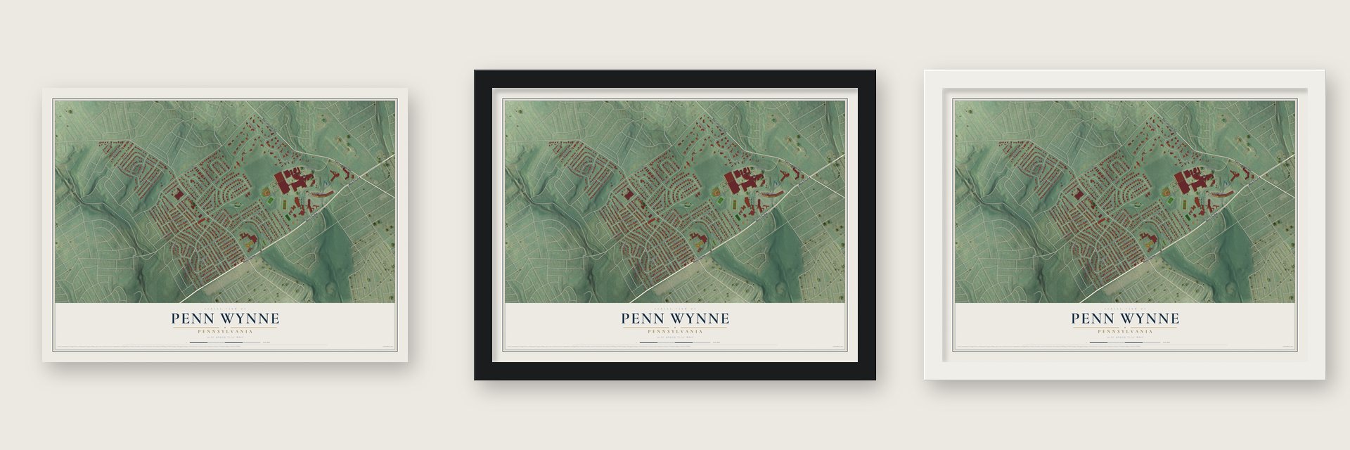 Penn Wynne, Pennsylvania map unframed, in a black wood frame and in a white wood frame